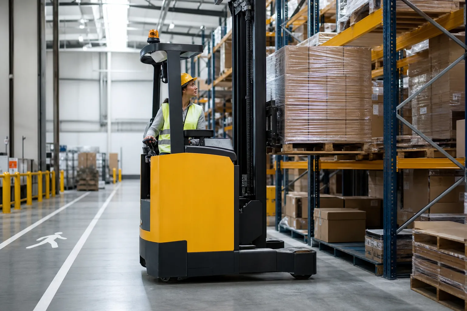 Forklift operator working in a warehouse aisle