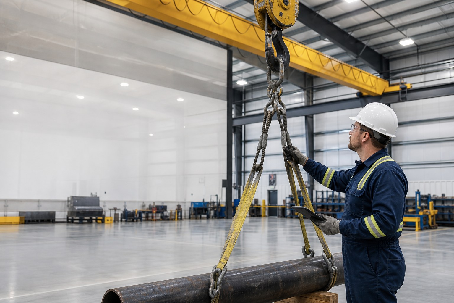 Overhead crane spanning an industrial work area